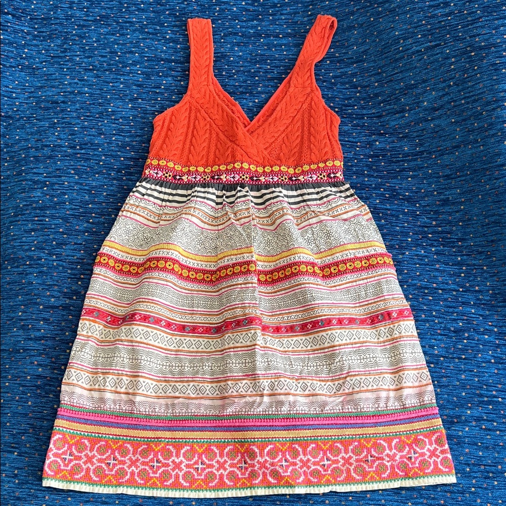 Free People Boho dress, knit upper, embroidered lower, size 8
